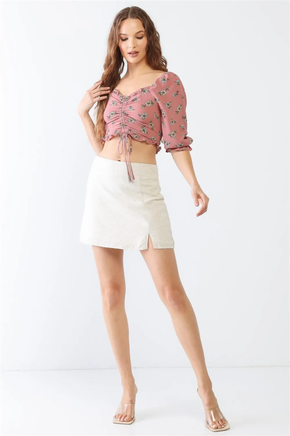 Floral Ruffle Smocked Back Ruched Crop Top