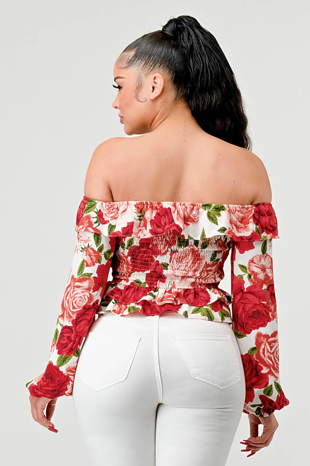 FLORAL SMOCKED OFF SHOULDER RUFFLED TOP