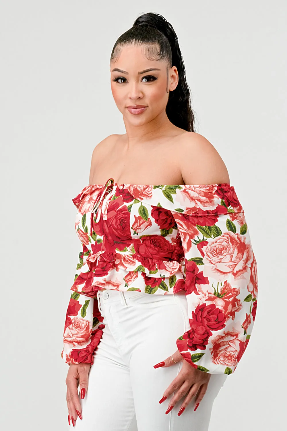 FLORAL SMOCKED OFF SHOULDER RUFFLED TOP