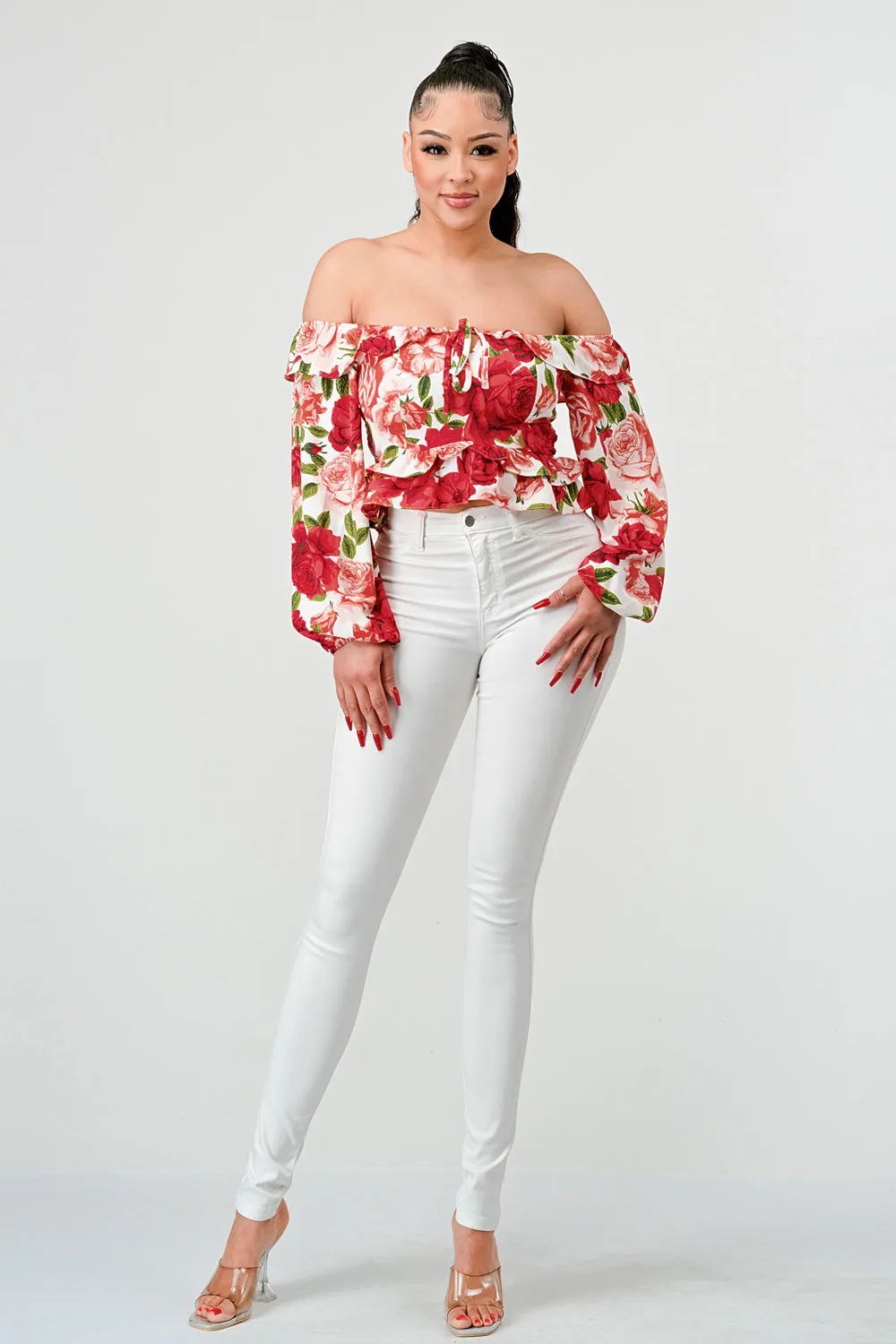 FLORAL SMOCKED OFF SHOULDER RUFFLED TOP