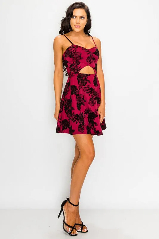 FLORAL VELVET MIDRIFF FIT AND FLARE DRESS