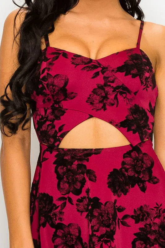 FLORAL VELVET MIDRIFF FIT AND FLARE DRESS