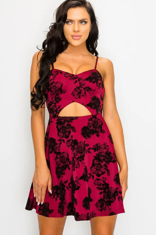 FLORAL VELVET MIDRIFF FIT AND FLARE DRESS