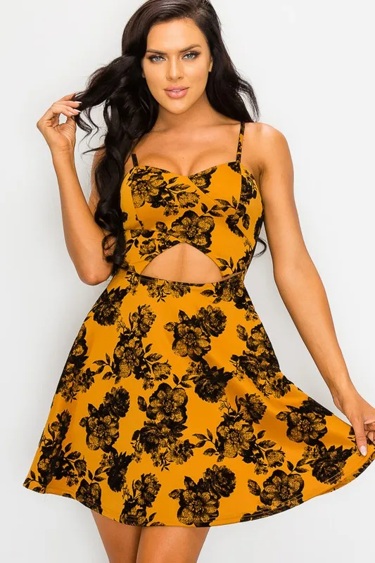 FLORAL VELVET MIDRIFF FIT AND FLARE DRESS