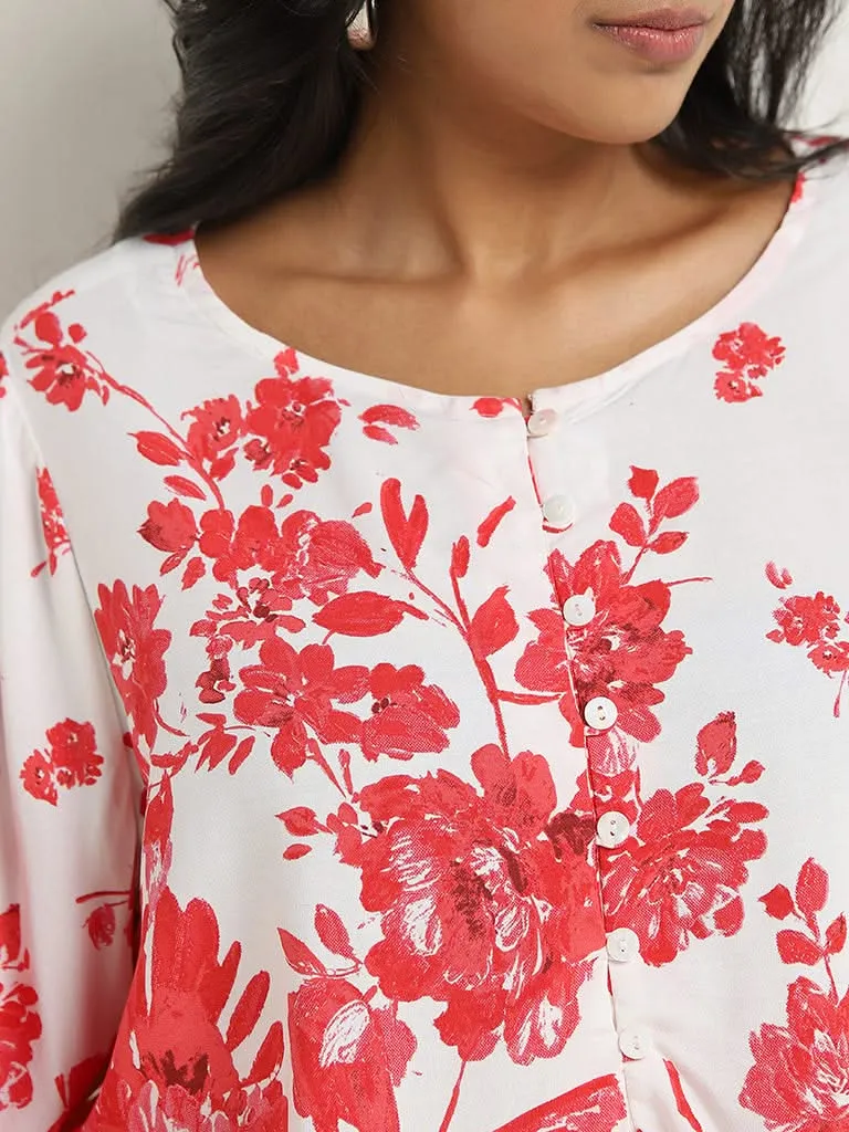 Gia Red Floral Printed Cotton Blouse