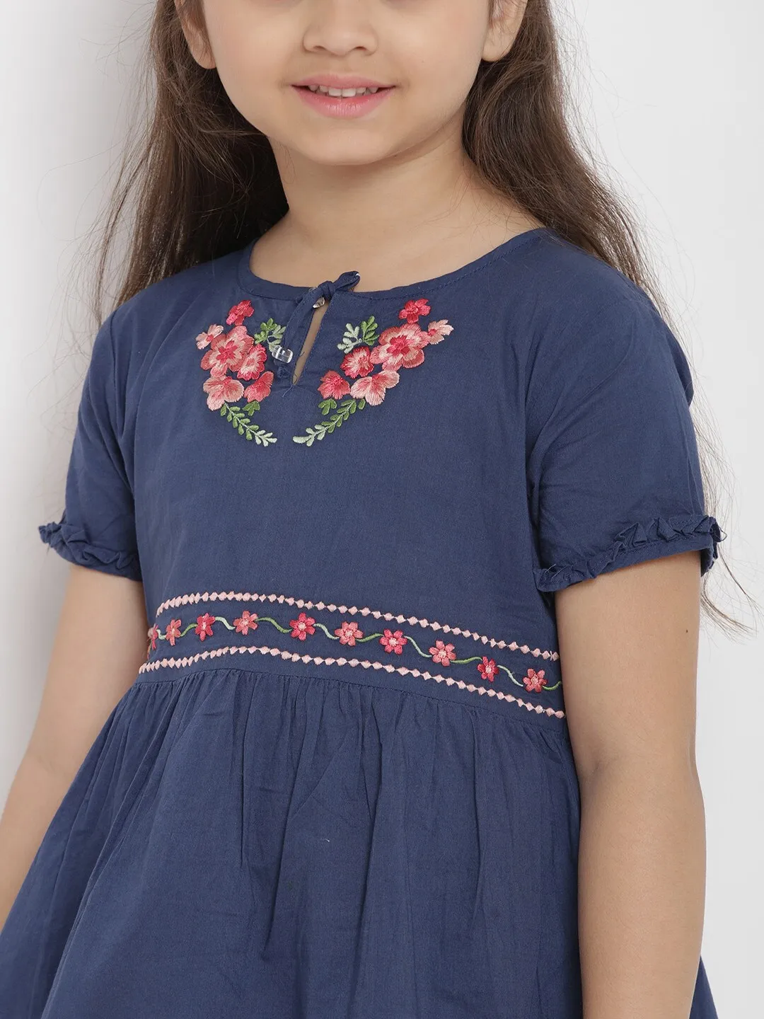 Girl's Blue & Pink Floral A-Line Dress  - NOZ2TOZ KIDS