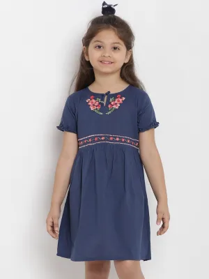 Girl's Blue & Pink Floral A-Line Dress  - NOZ2TOZ KIDS