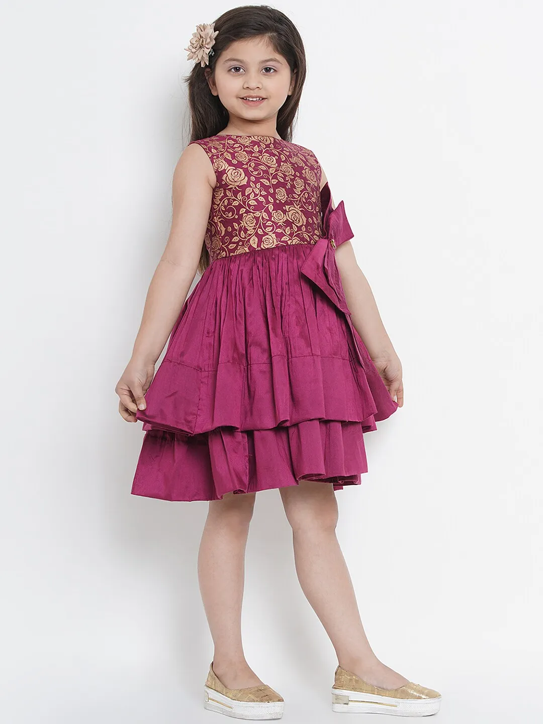 Girl's Burgundy Printed Fit And Flare Dress  - NOZ2TOZ KIDS