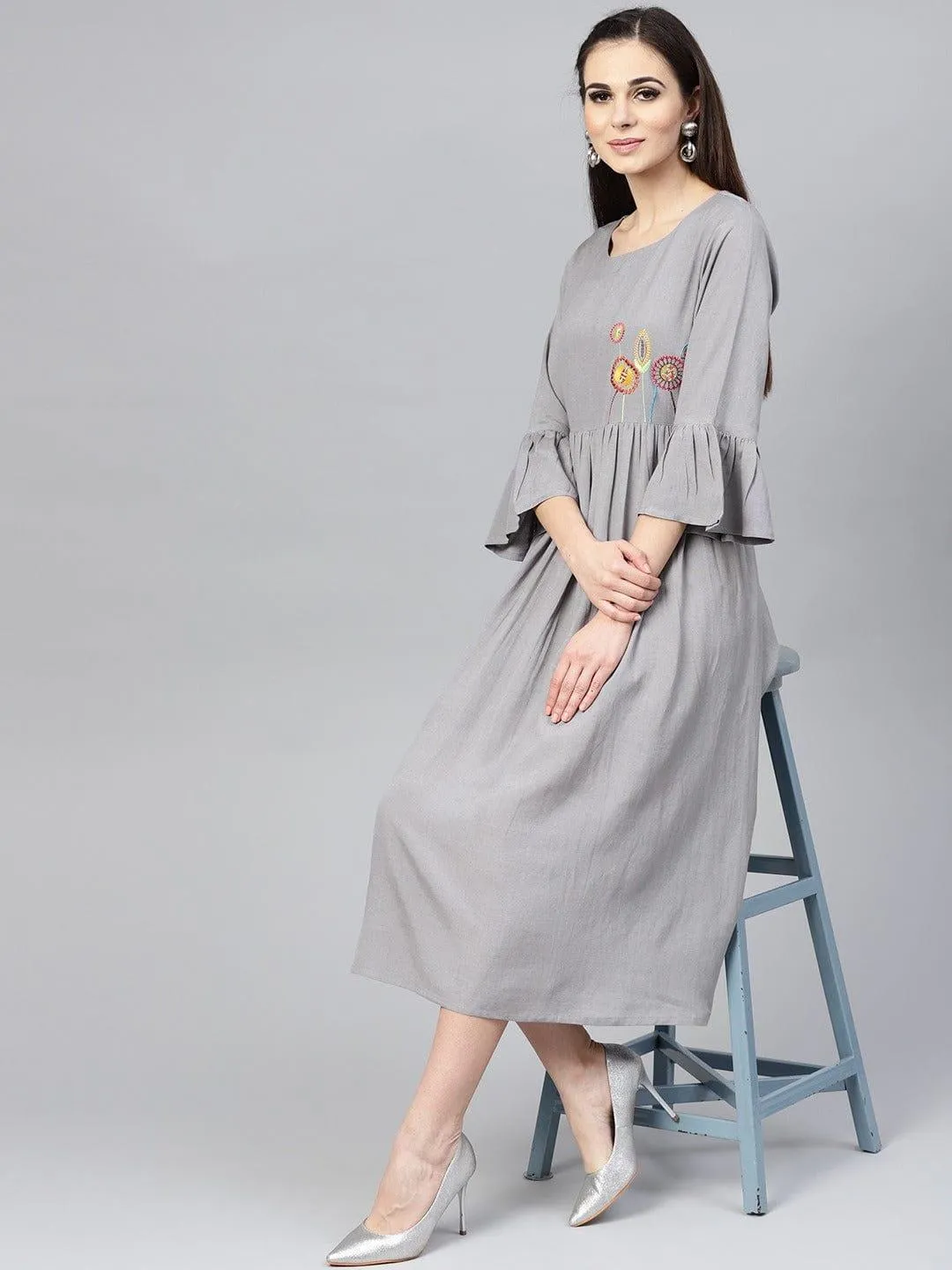 Grey Solid Fit and Flare Dress