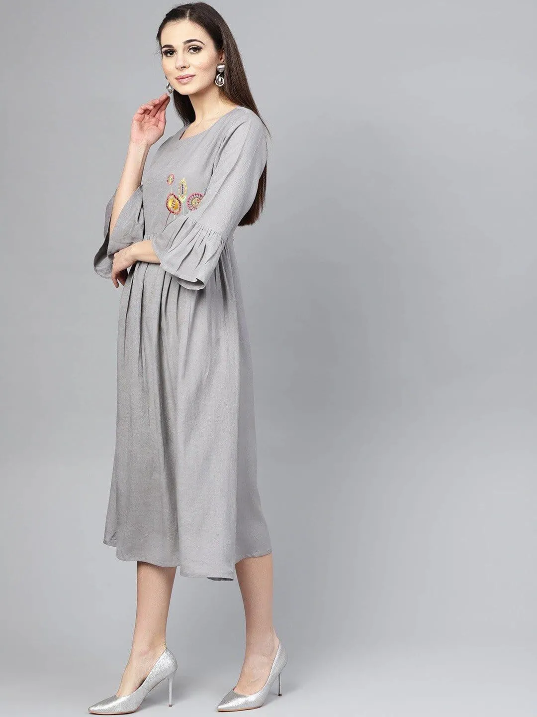 Grey Solid Fit and Flare Dress