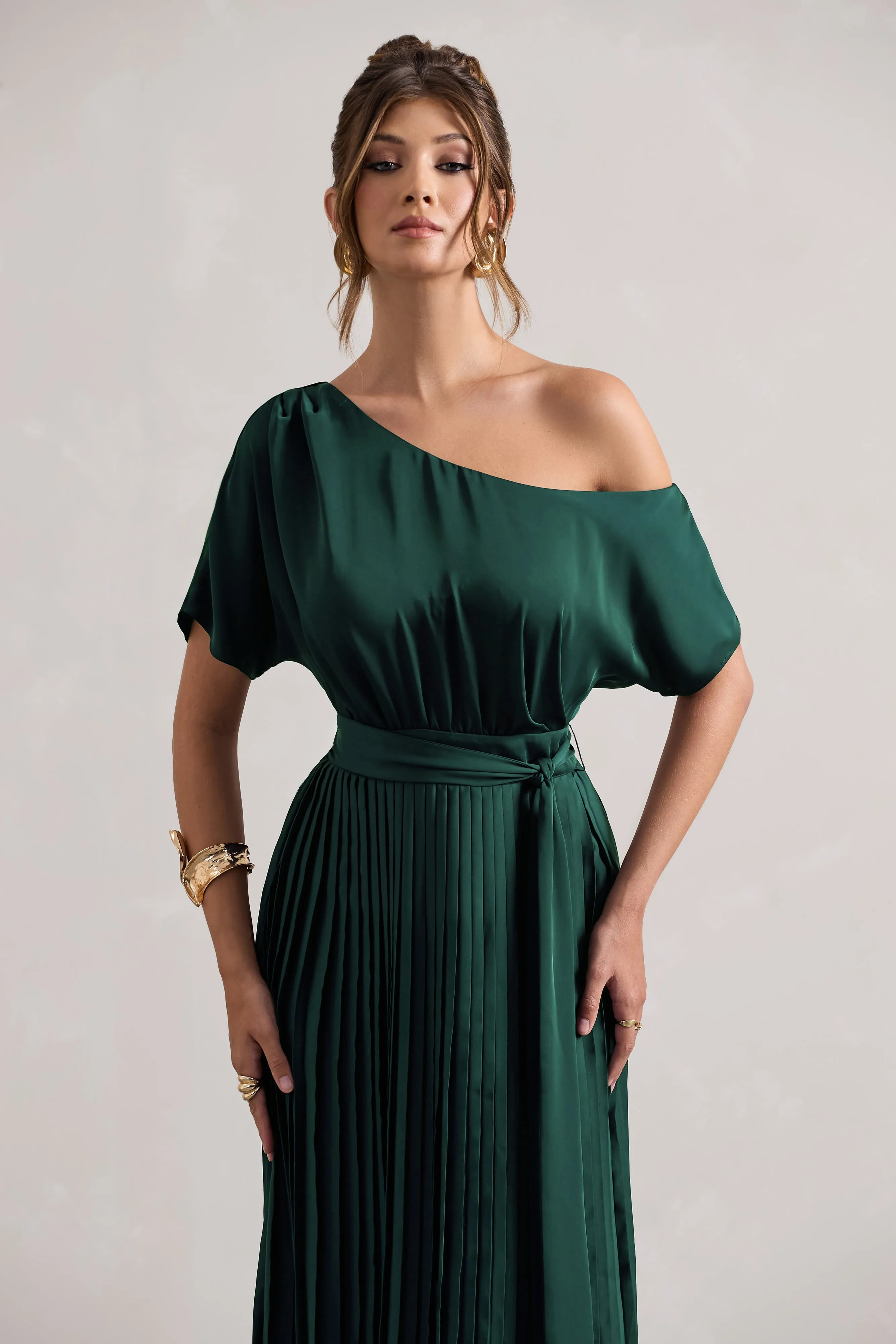 India | Bottle Green Satin Asymmetric Plisse Maxi Dress