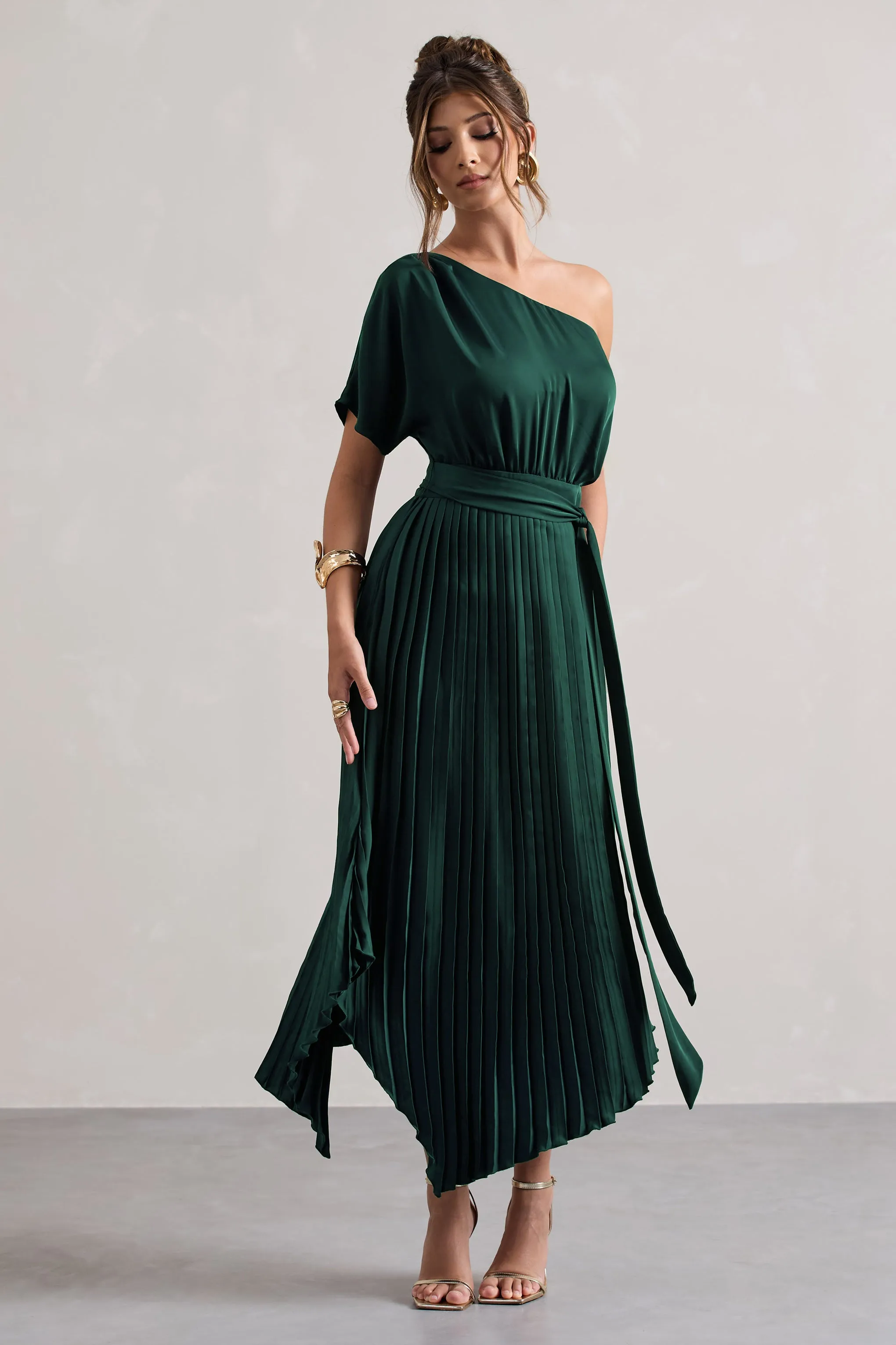 India | Bottle Green Satin Asymmetric Plisse Maxi Dress