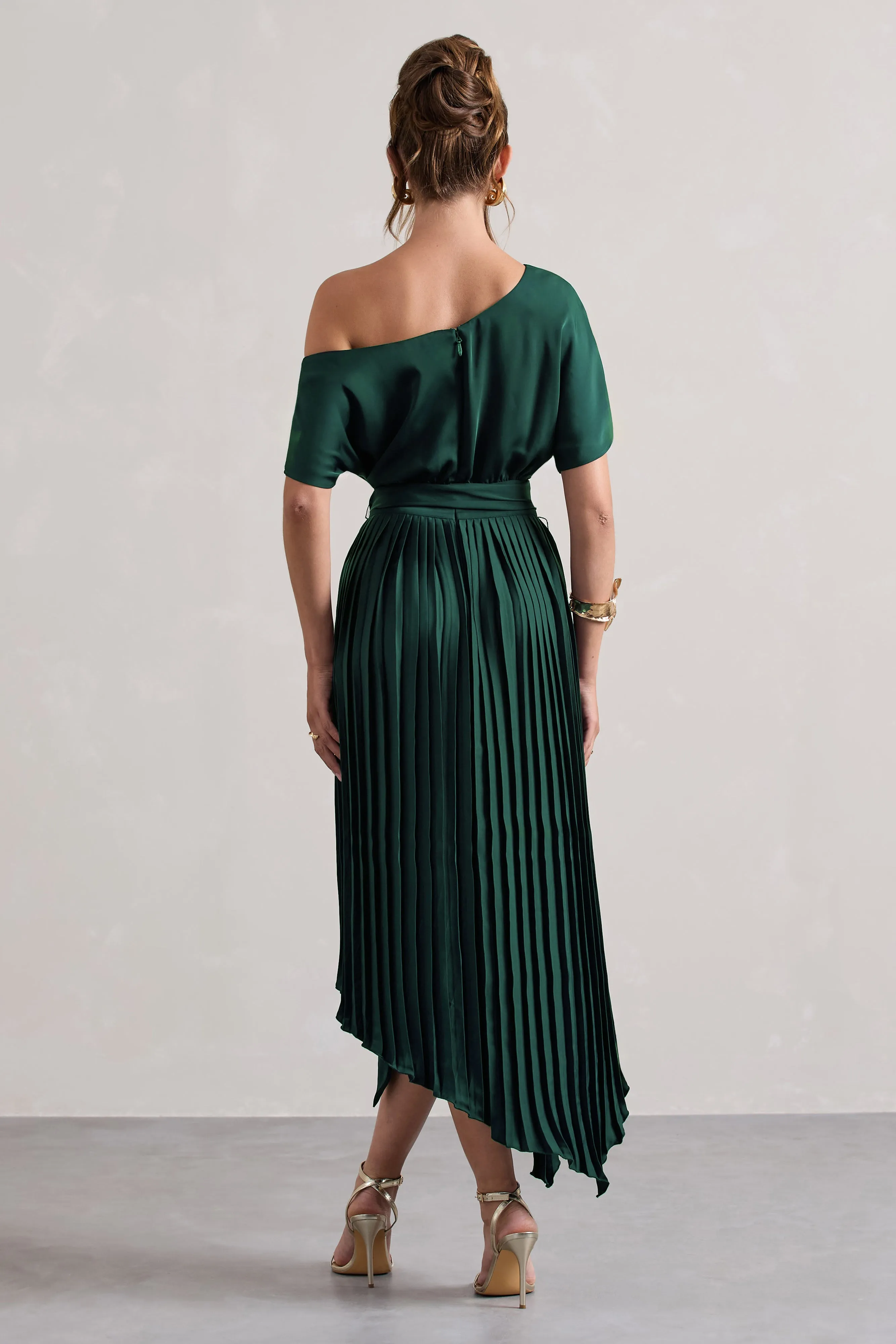 India | Bottle Green Satin Asymmetric Plisse Maxi Dress