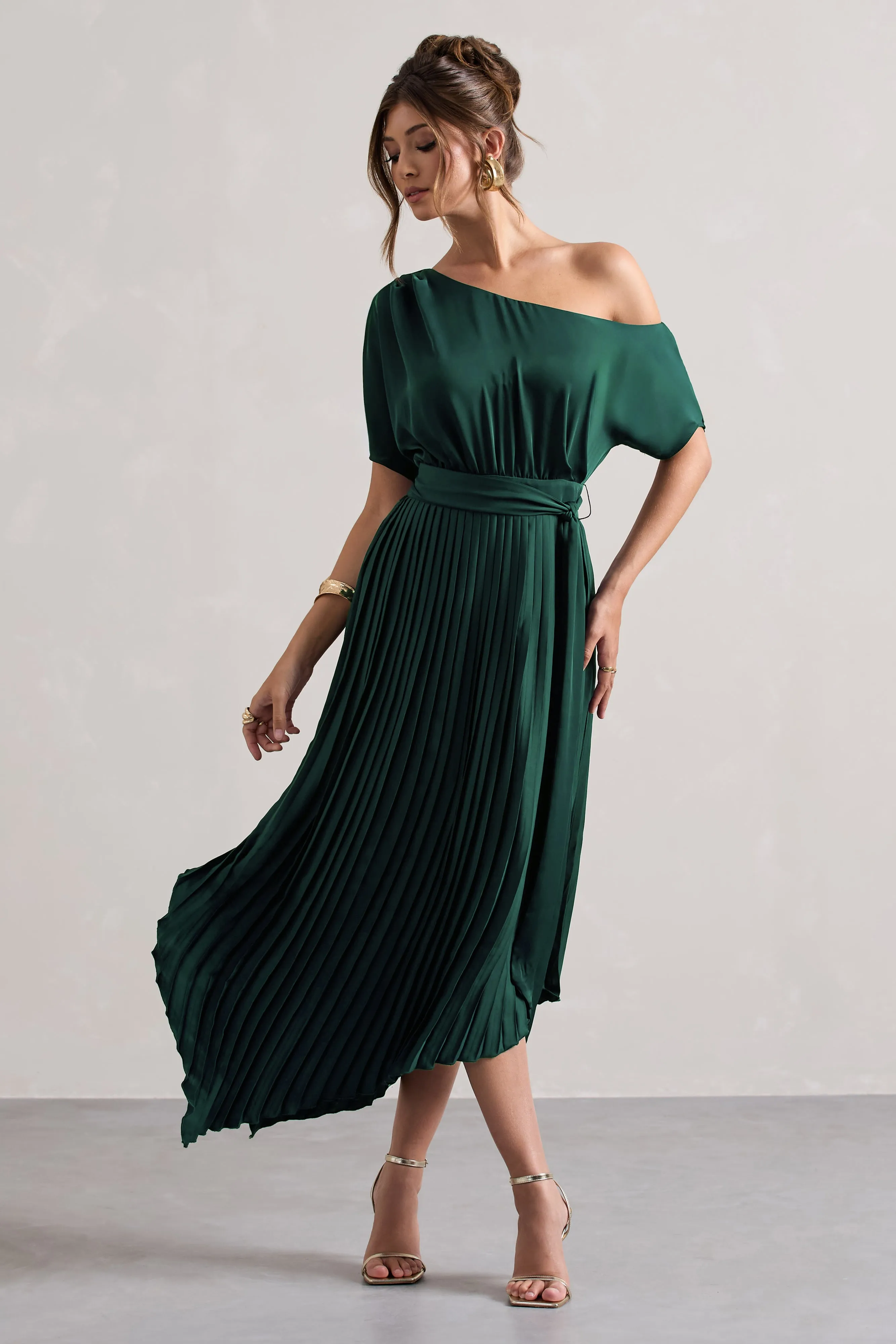 India | Bottle Green Satin Asymmetric Plisse Maxi Dress