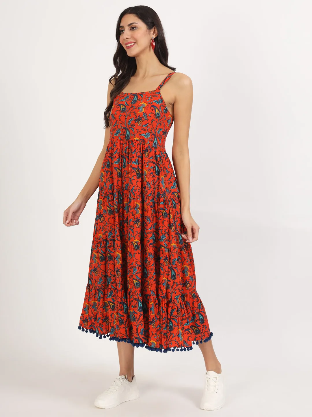 Jashvi Red Floral Printed Cotton Dress