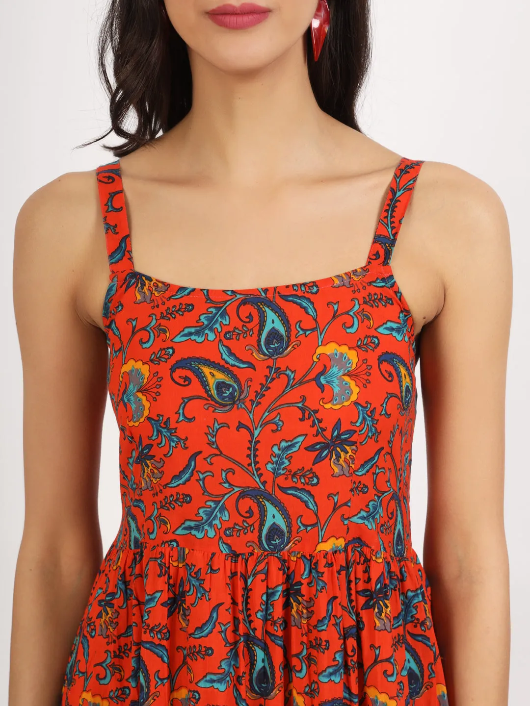 Jashvi Red Floral Printed Cotton Dress