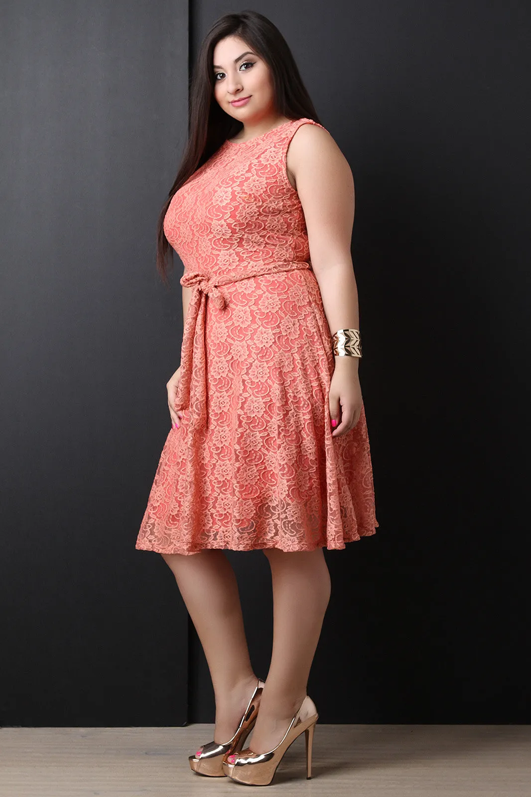 Lace Sleeveless Tie-Waist Fit And Flare Dress