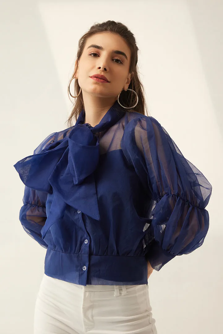 Ladies Blue Full sleeves Organza Bow-tie Top