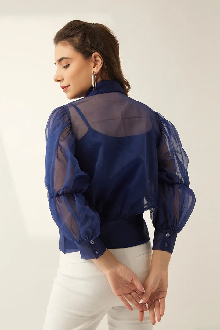 Ladies Blue Full sleeves Organza Bow-tie Top