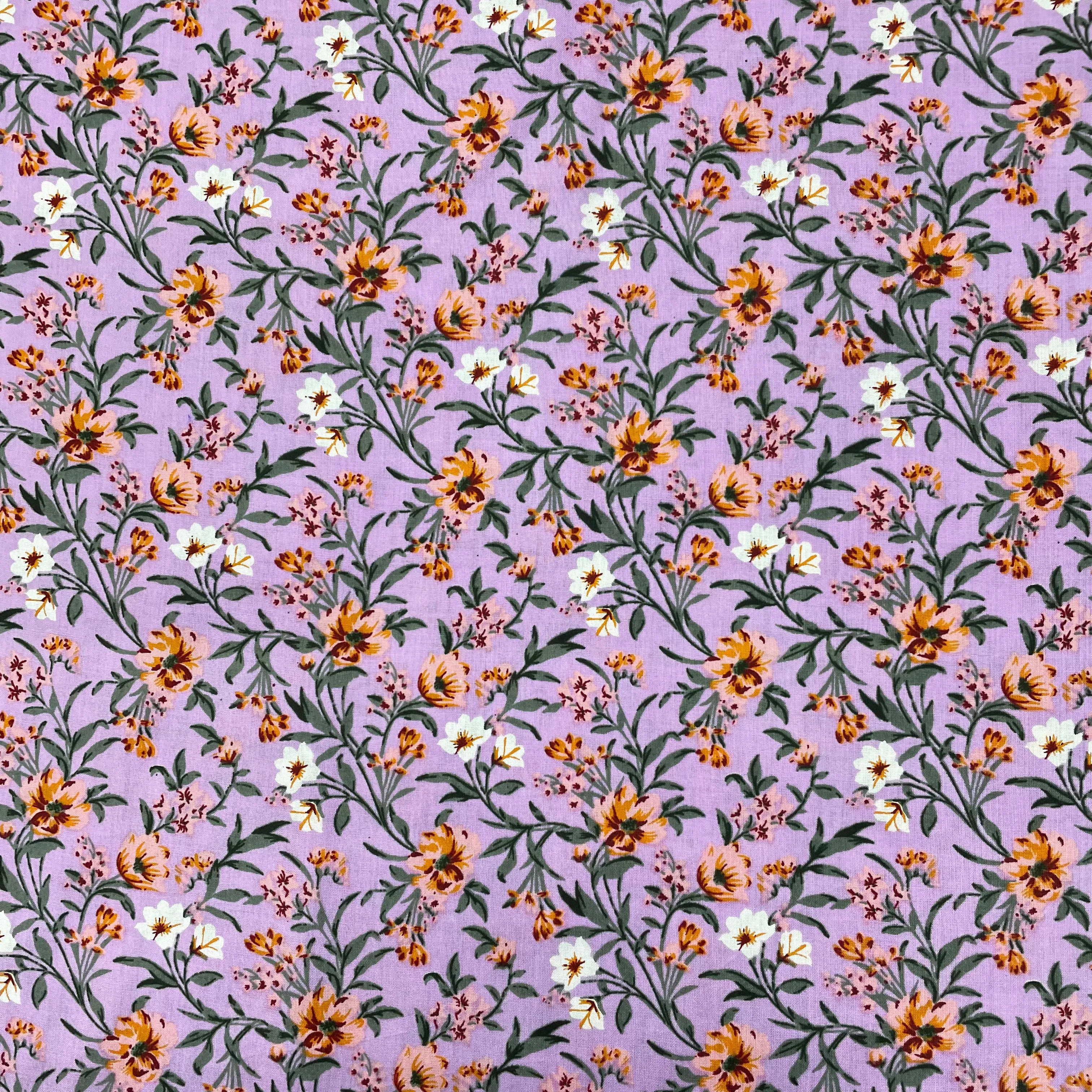 Light Purple With Orange Floral Print Rayon Fabric