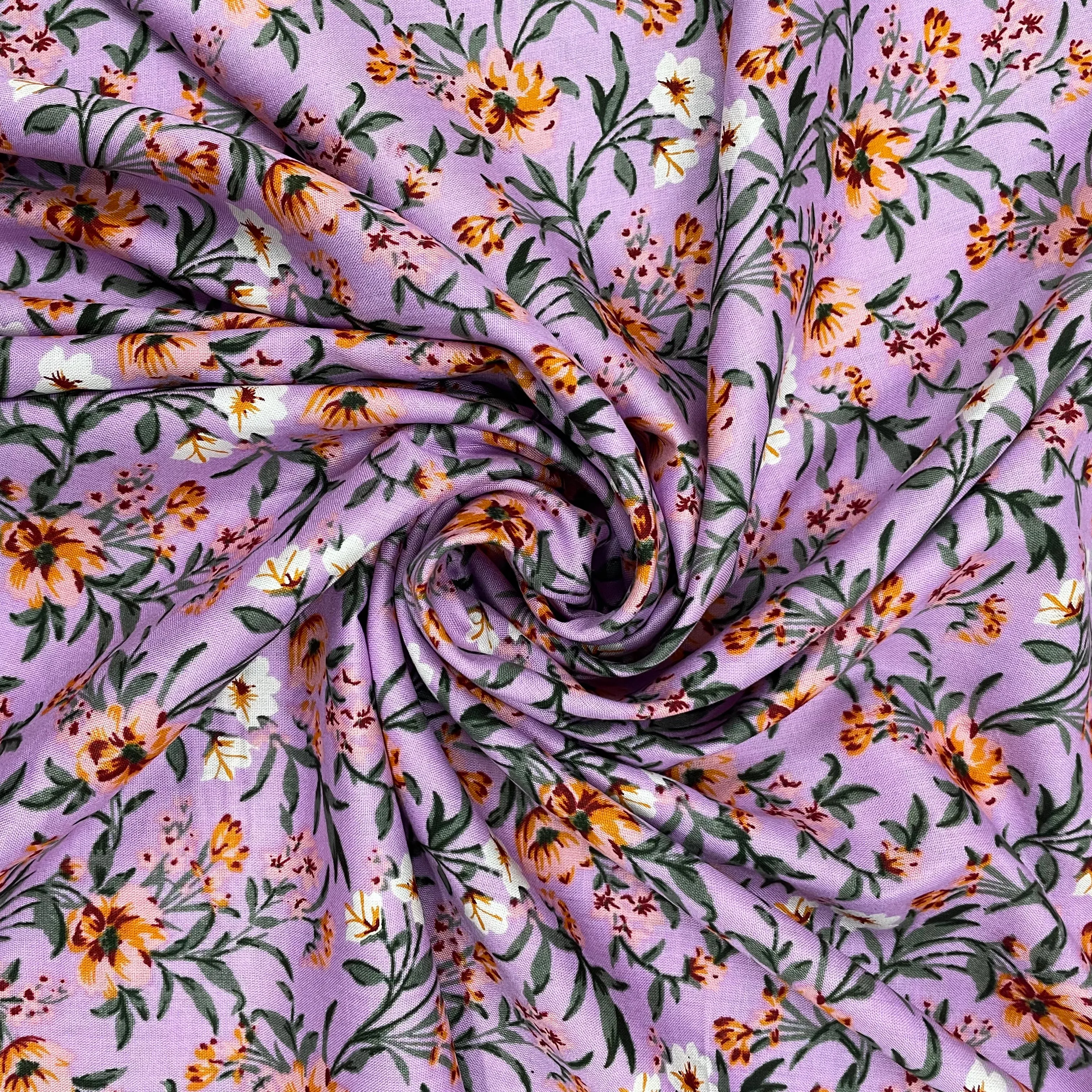 Light Purple With Orange Floral Print Rayon Fabric