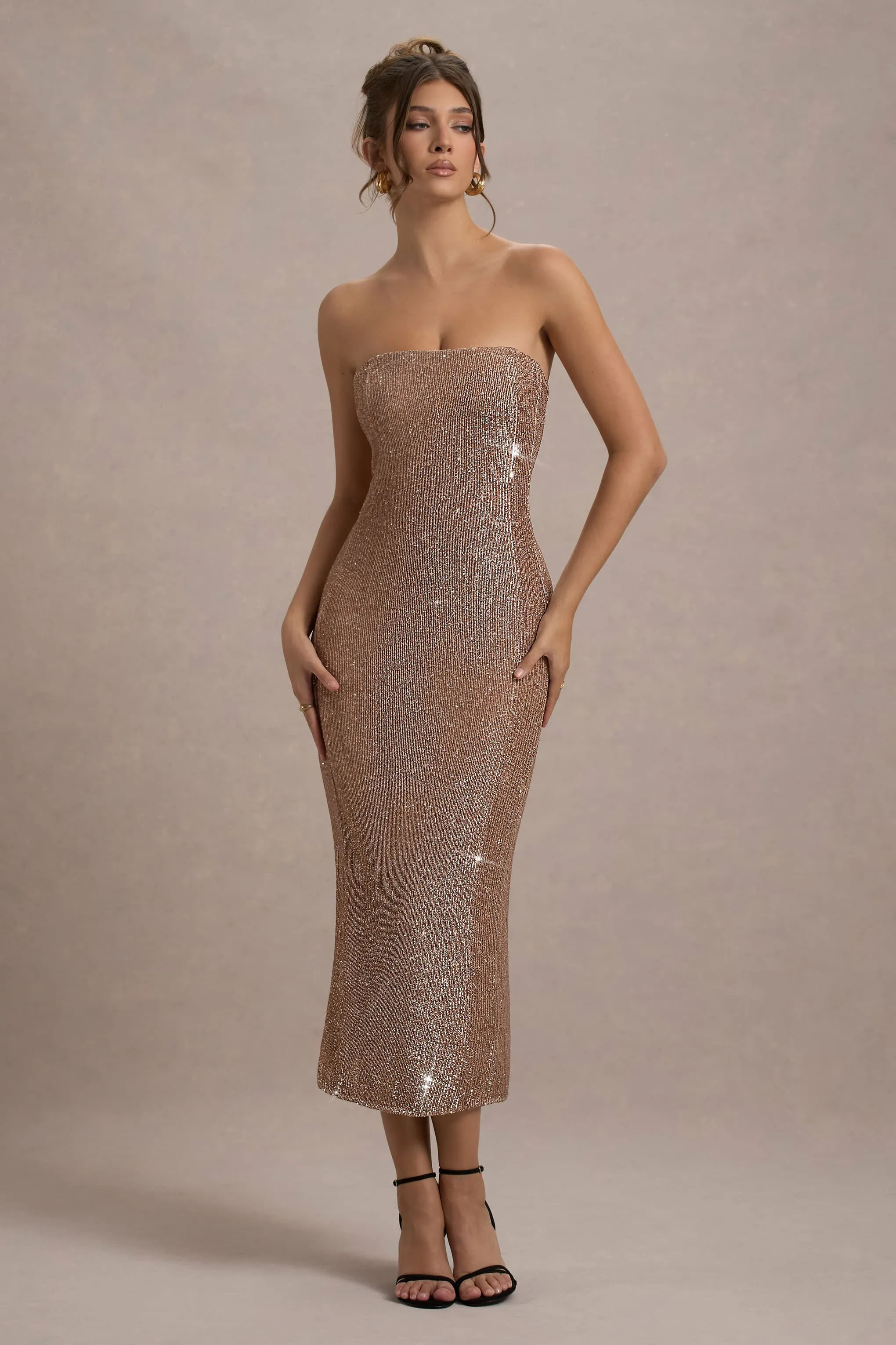 Lilabelle | Rose Gold Plisse Sequin Bandeau Midi Dress