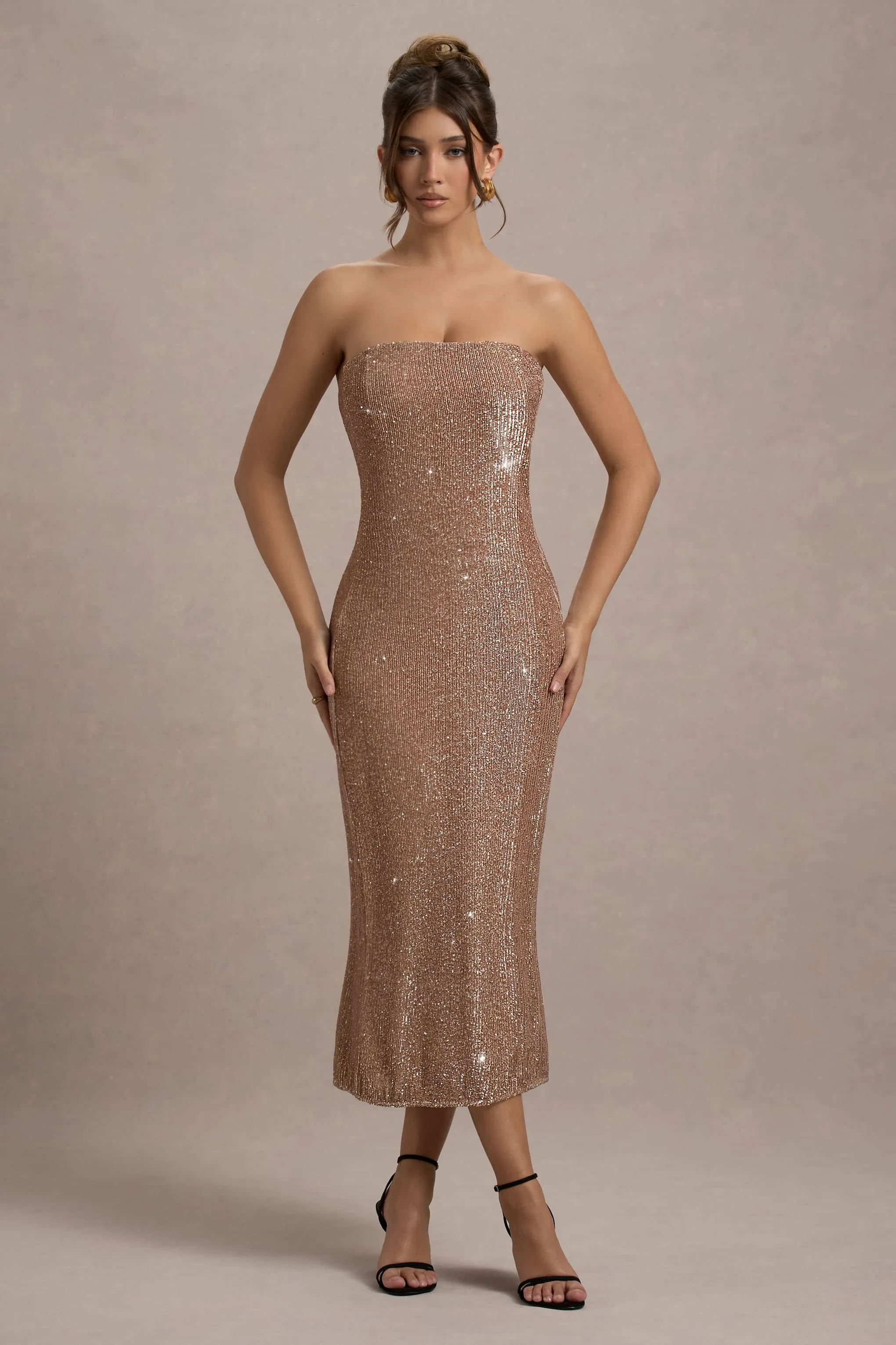 Lilabelle | Rose Gold Plisse Sequin Bandeau Midi Dress