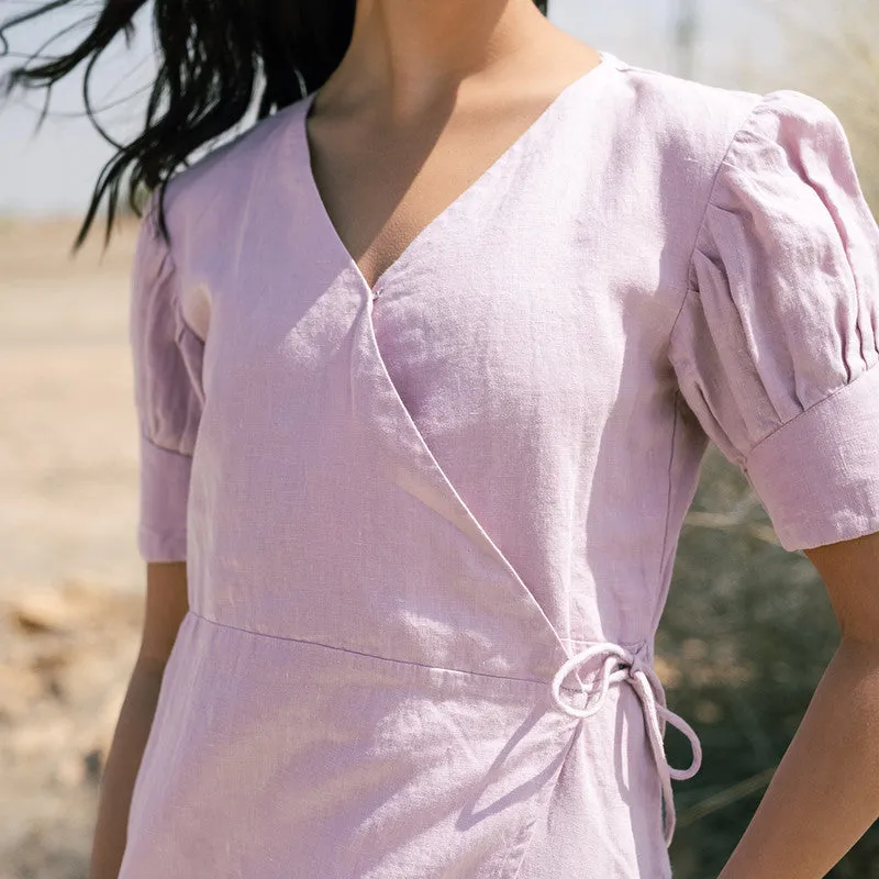 Linen Pink Wrap Dress for Women | Knee Length