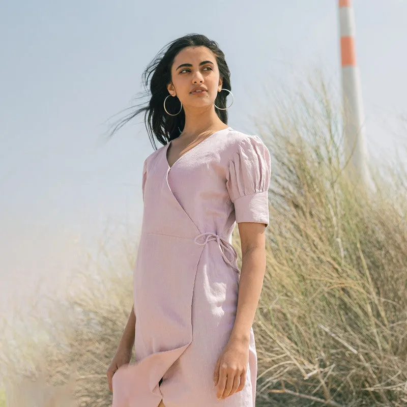 Linen Pink Wrap Dress for Women | Knee Length