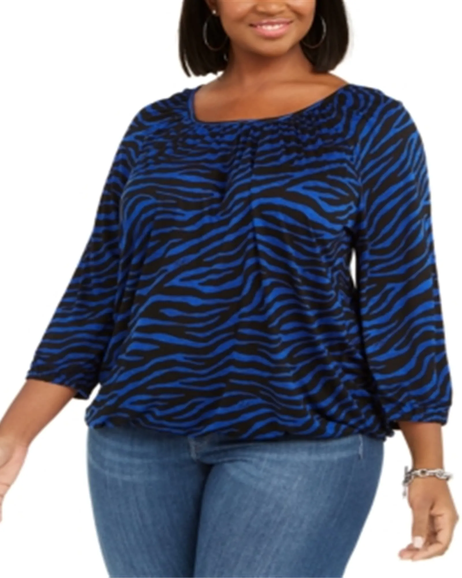 Michael Kors Women's Plus Tiger Print Peasant Knit T-Shirt Blue Size 0X | Blue