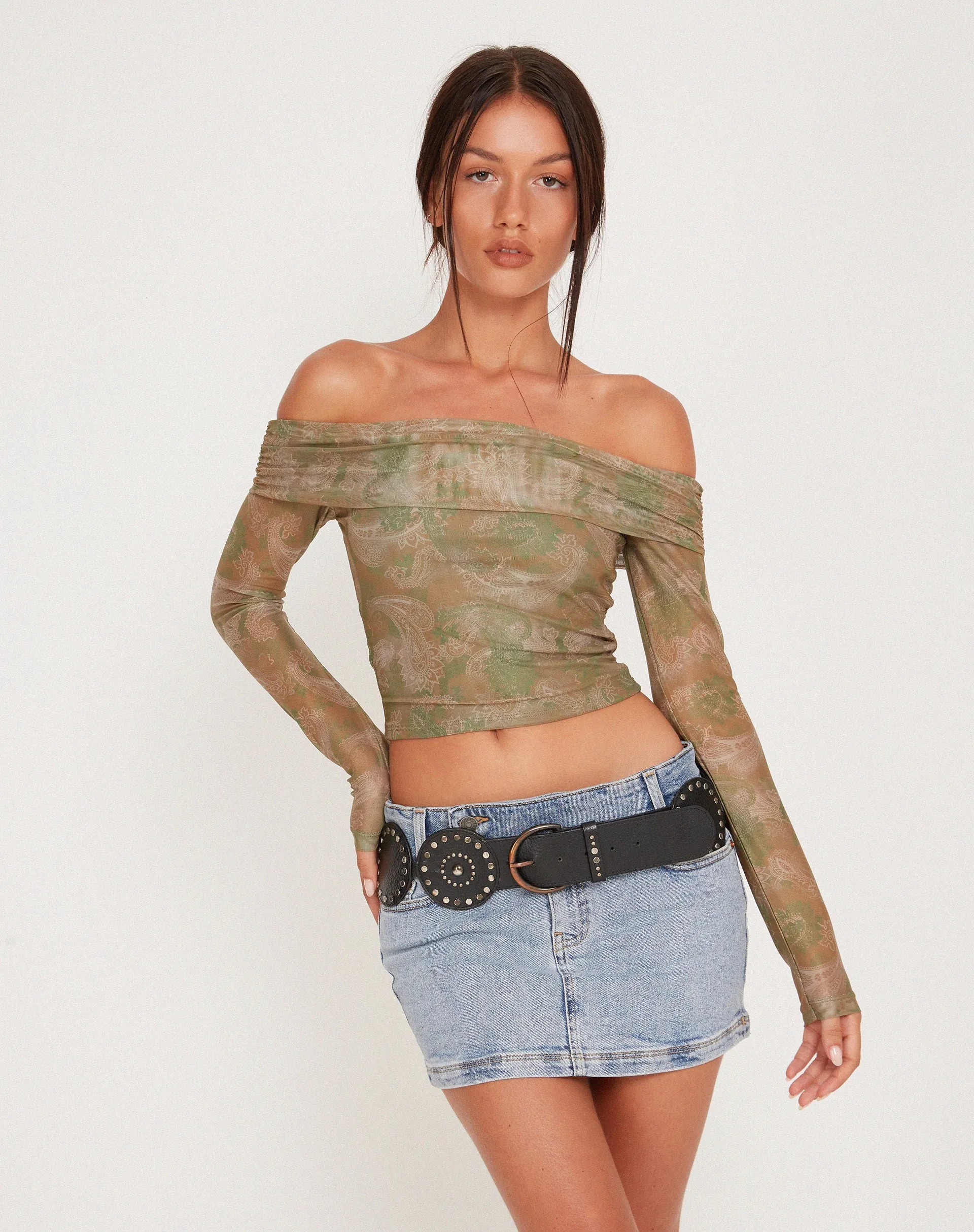 Nagini Long Sleeve Bardot Top in Tonal Paisley Green