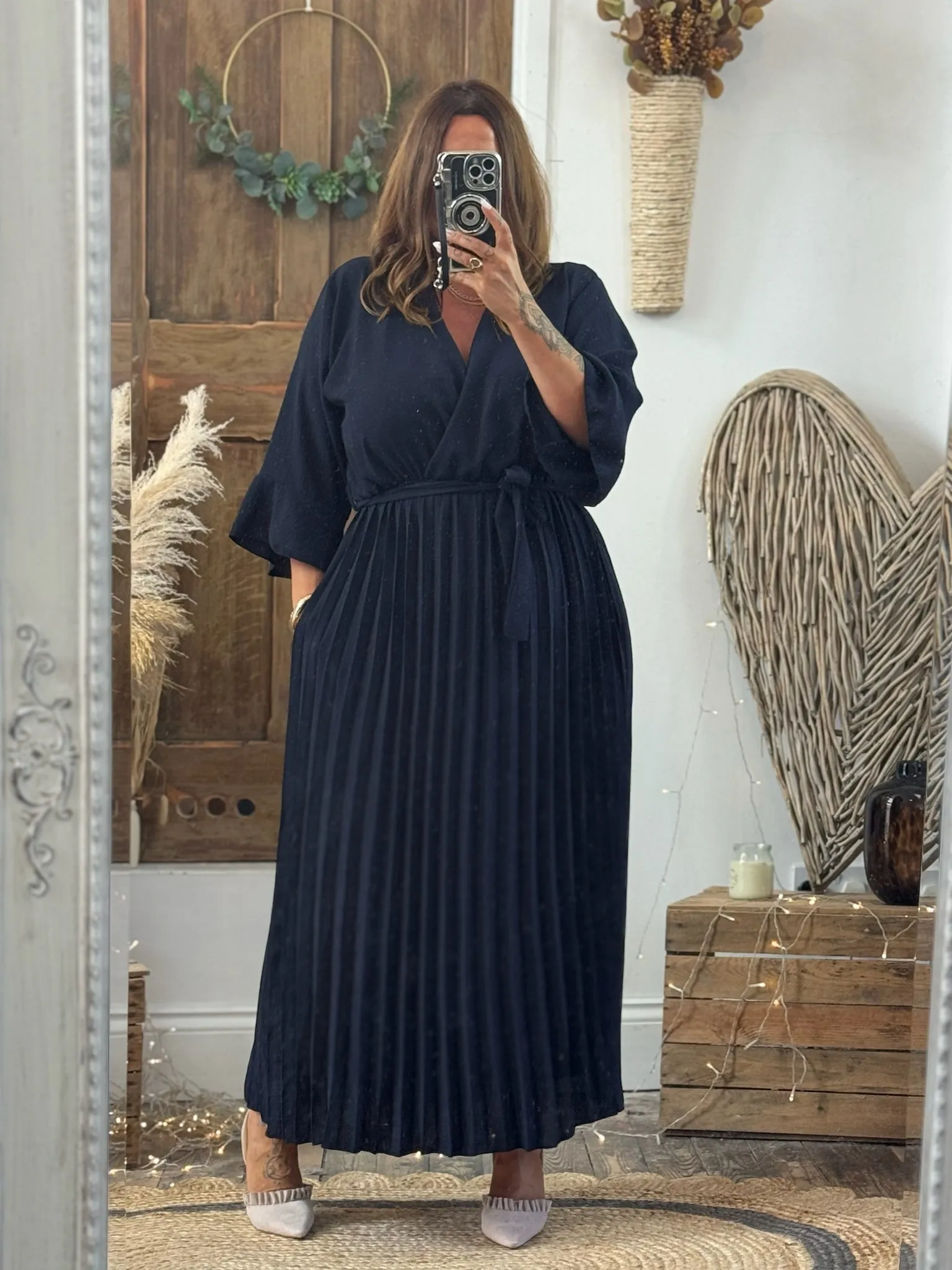 Navy Rowan Pleated Midaxi Dress