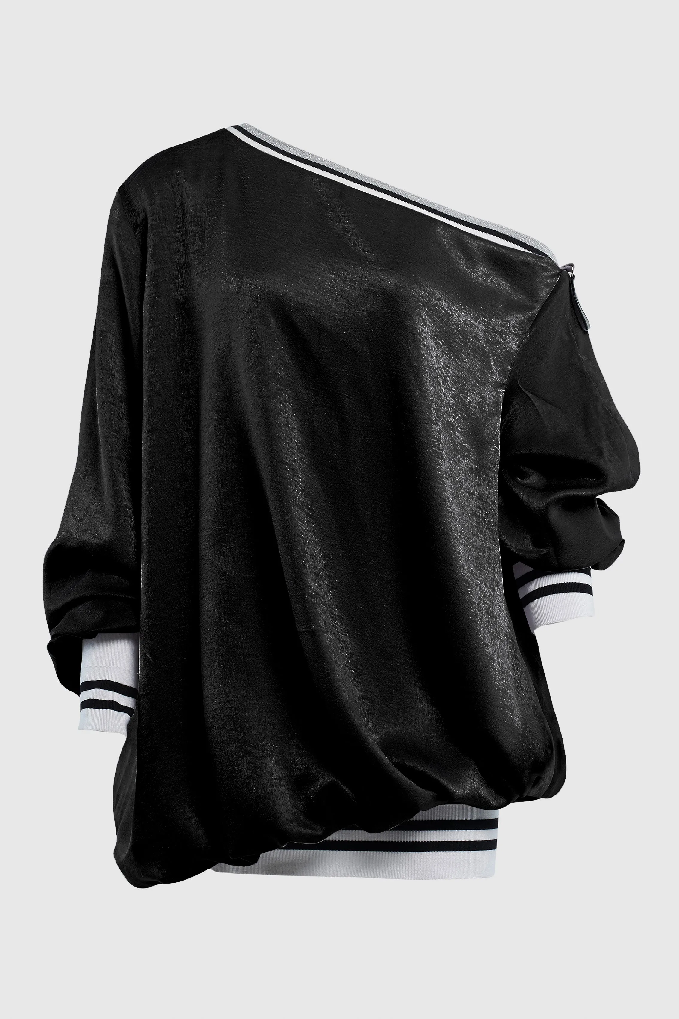 OFF THE SHOULDER SATIN BOMBER SWEATER