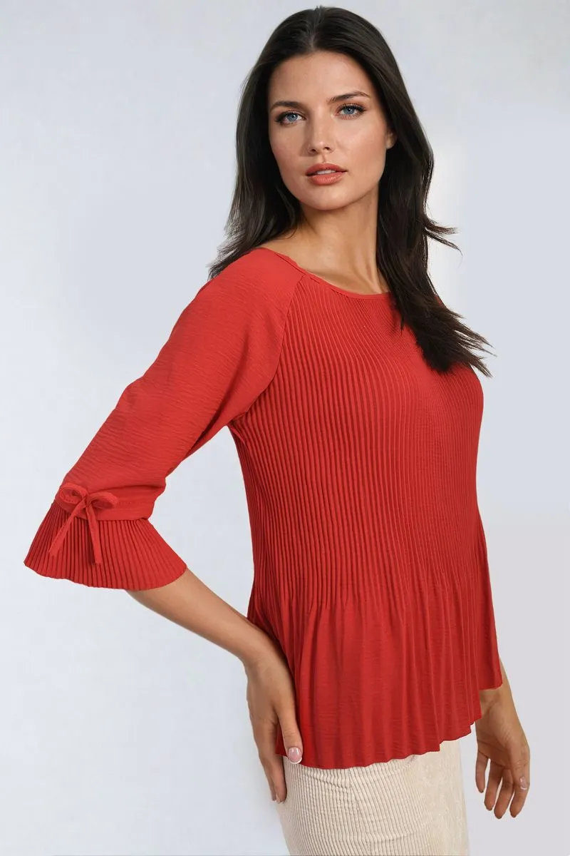 Plisse Pleated Short Bow Sleeve Top