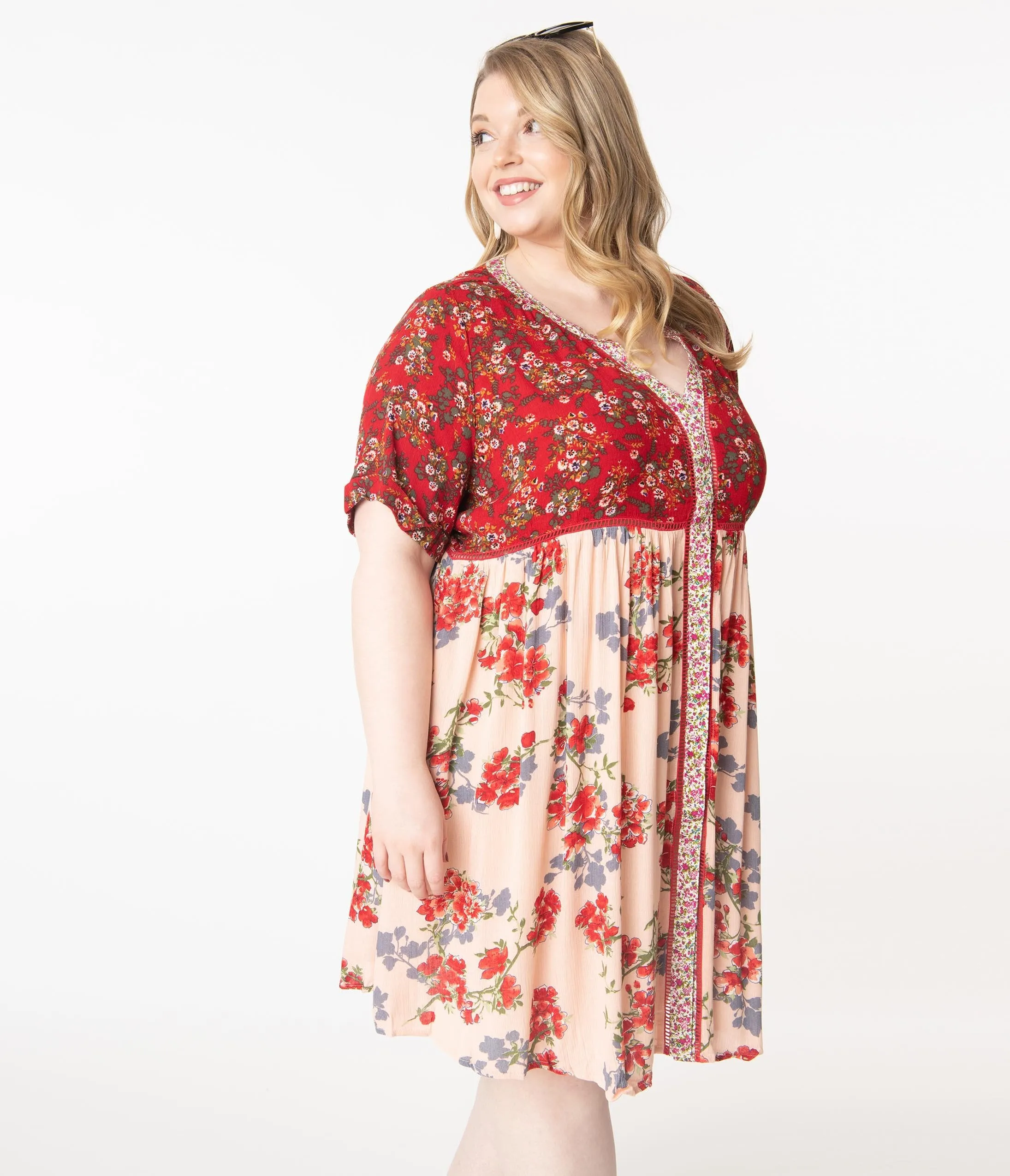 Plus Size Red & Pink Floral Babydoll Dress