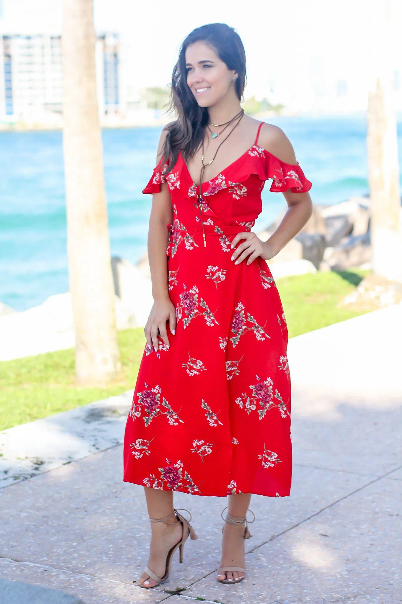 Red Floral Wrap Dress