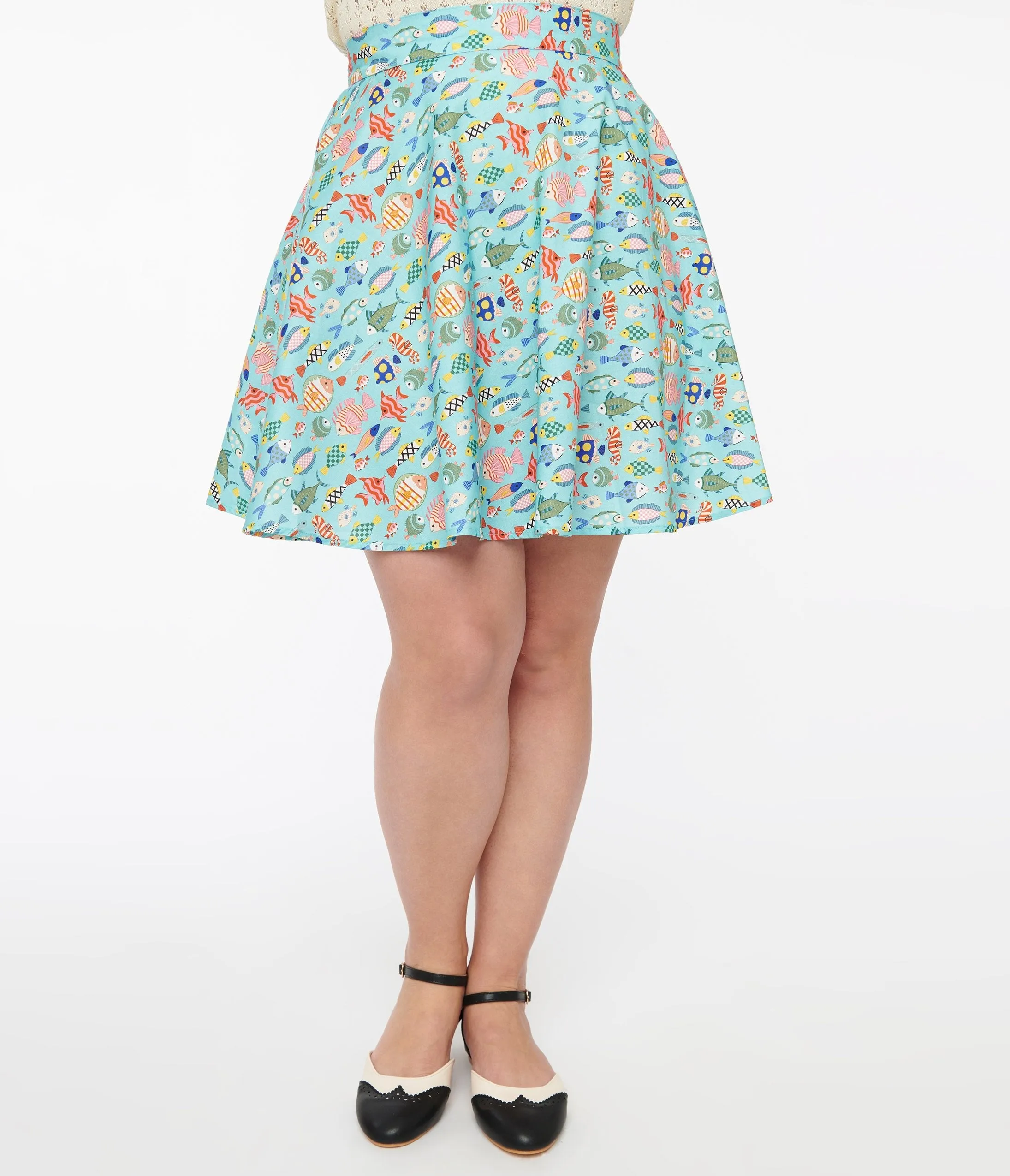 Retrolicious 1950s Blue & Multicolor Fish Print Cotton Skater Skirt