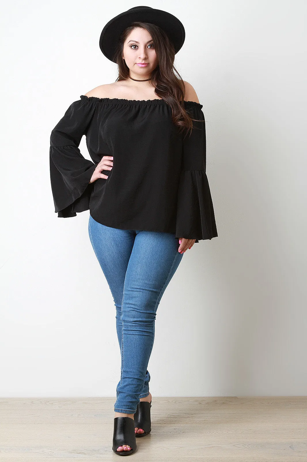 Ruffle Trim Off The Shoulder Bell Sleeve Top