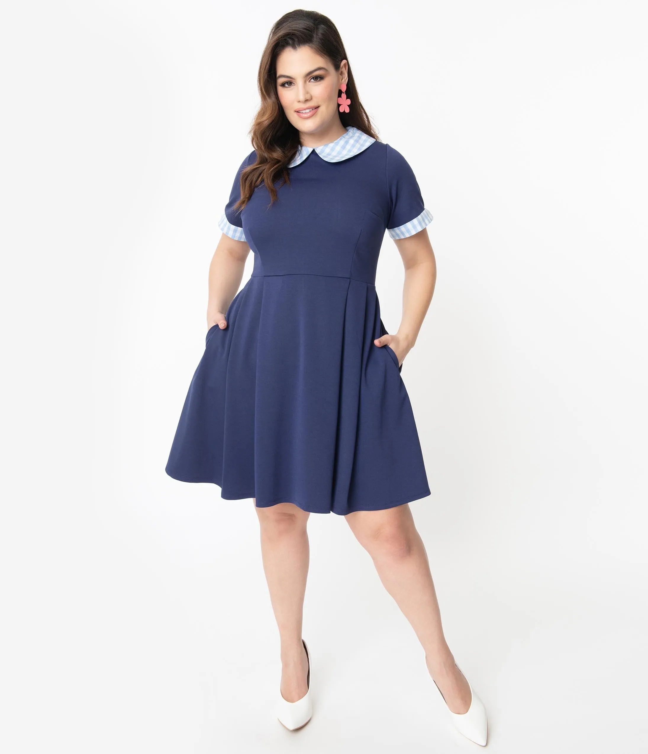 Smak Parlour Plus Size Navy & Light Blue Gingham Pin Dot Babe Revolution Fit & Flare Dress