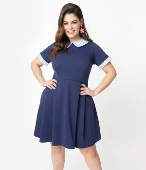 Smak Parlour Plus Size Navy & Light Blue Gingham Pin Dot Babe Revolution Fit & Flare Dress