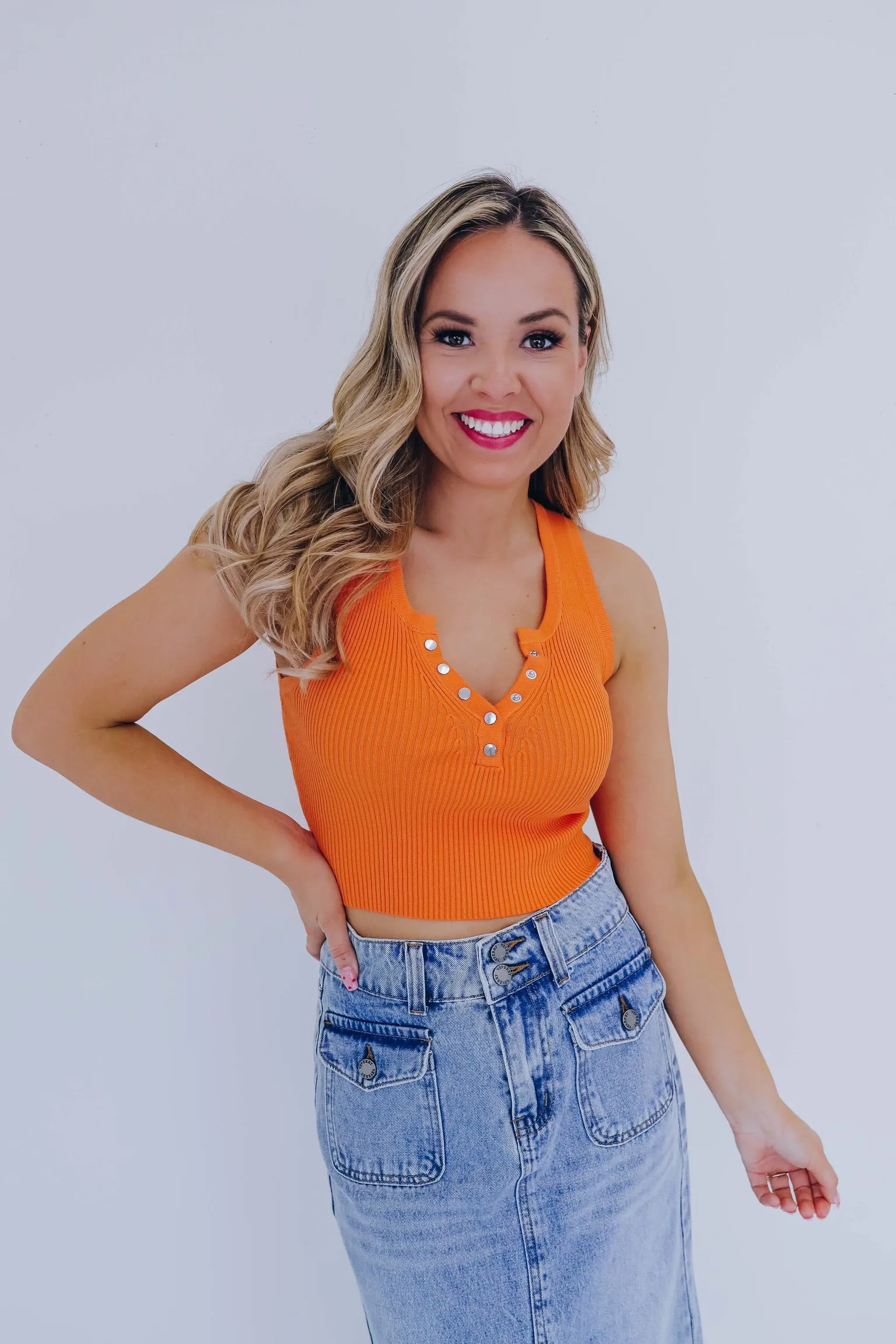 Trendy Button Front Cropped Tank - Orange