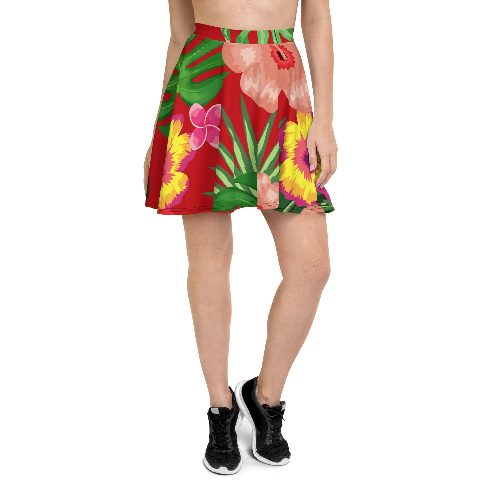 TROPICAL FLORAL RED SKATER SKIRT