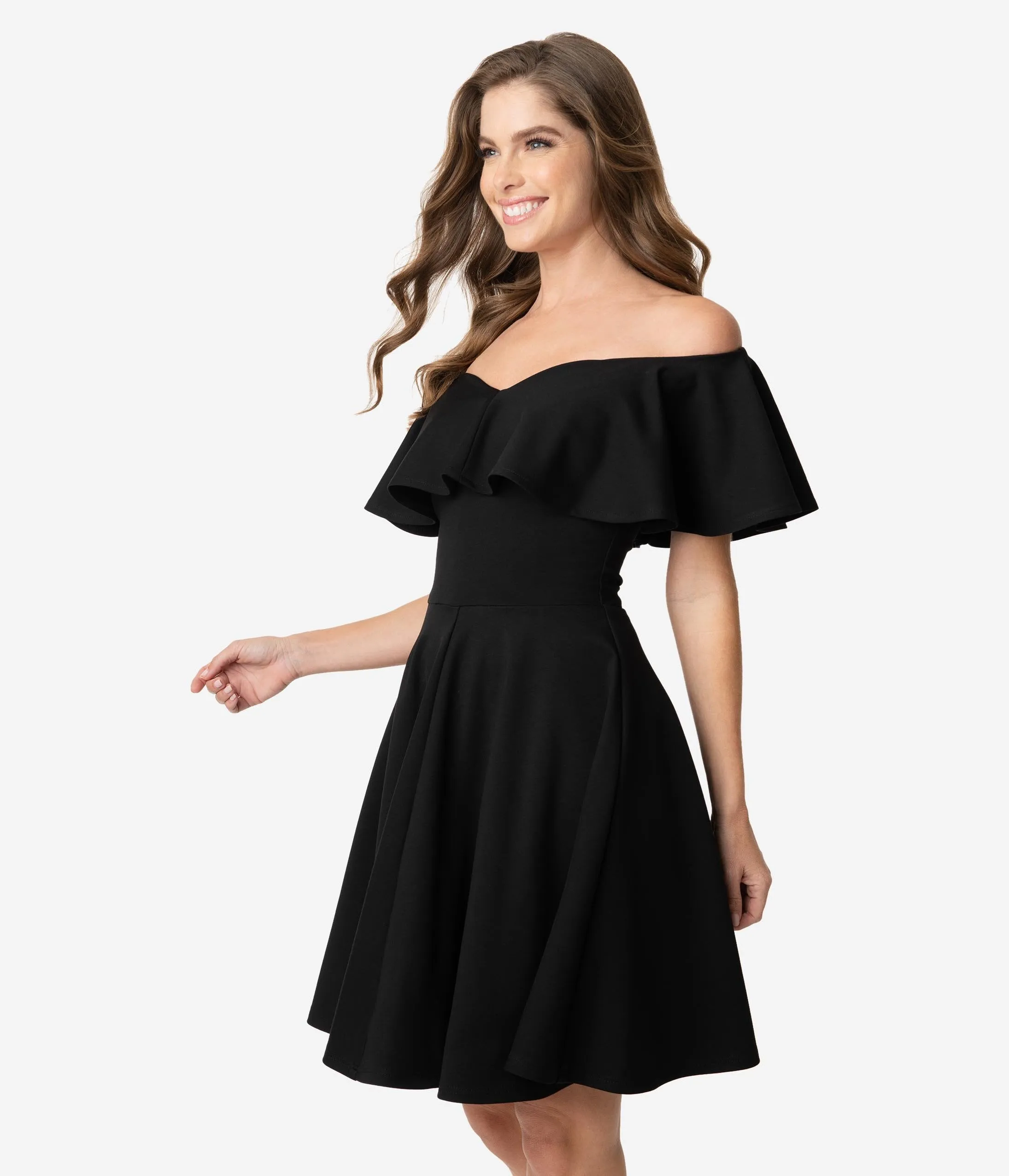 Unique Vintage Black Off Shoulder Ruffle Gidget Fit & Flare Dress