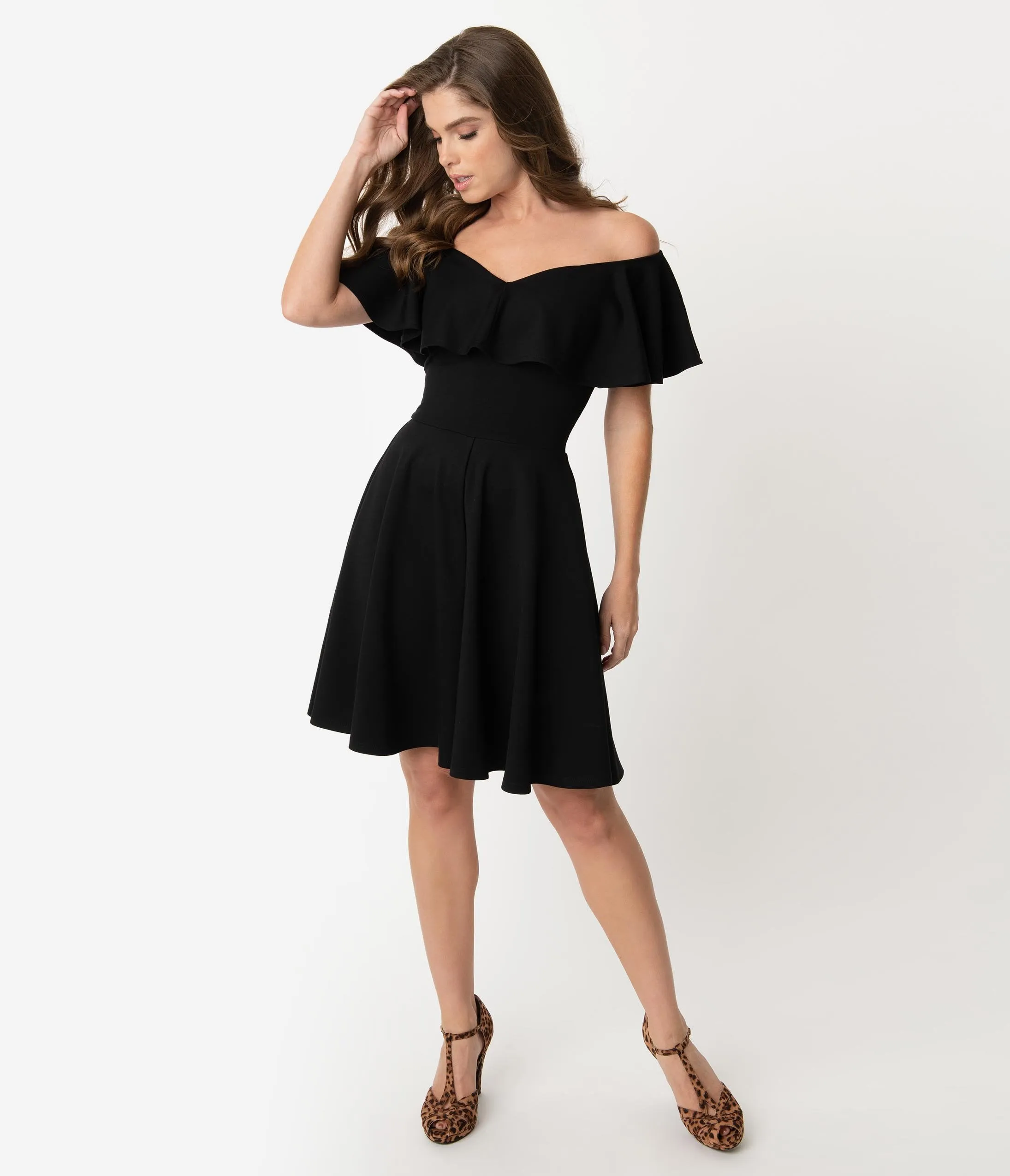 Unique Vintage Black Off Shoulder Ruffle Gidget Fit & Flare Dress