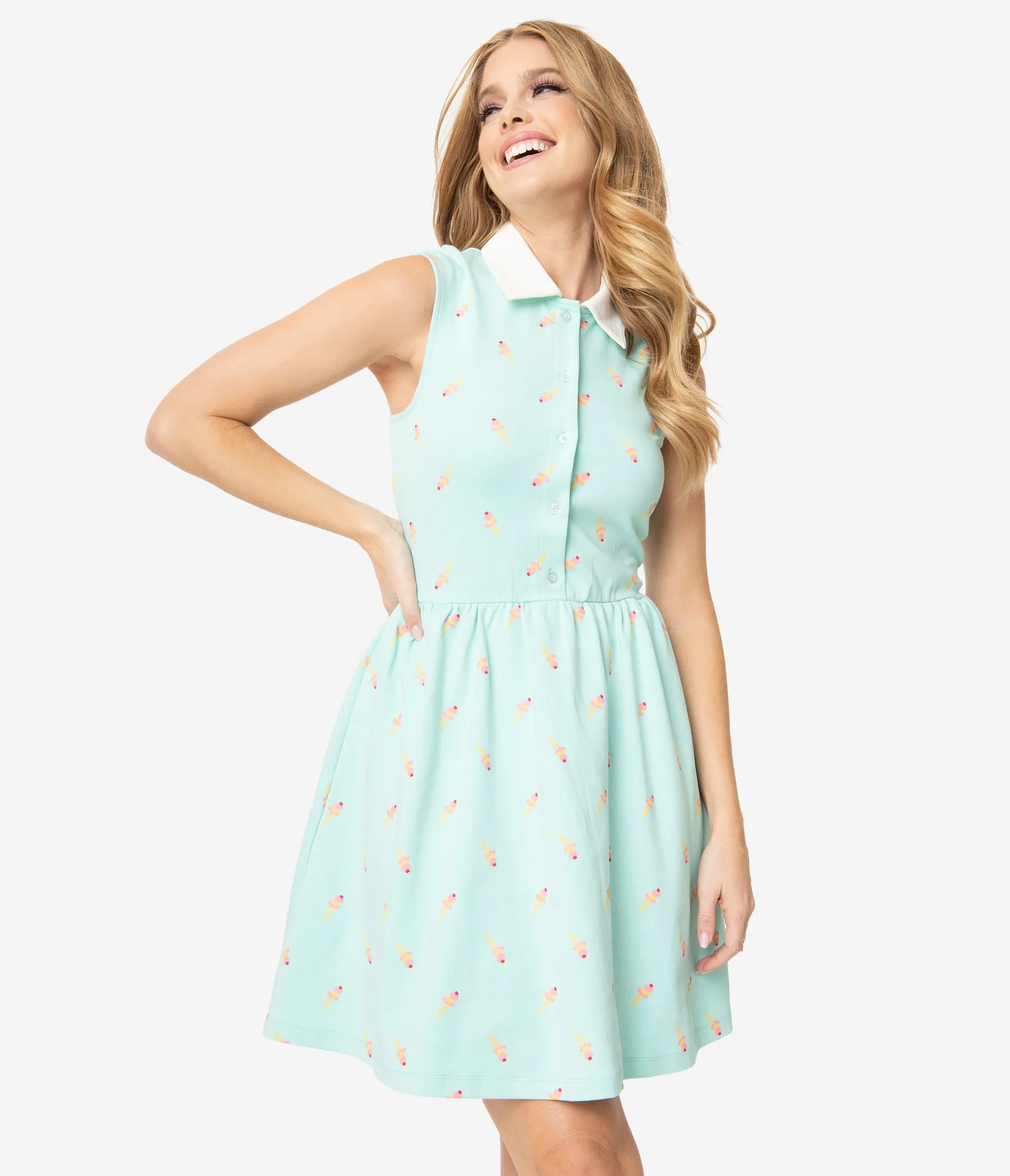 Unique Vintage Mint Ice Cream Print Josie Fit & Flare Dress