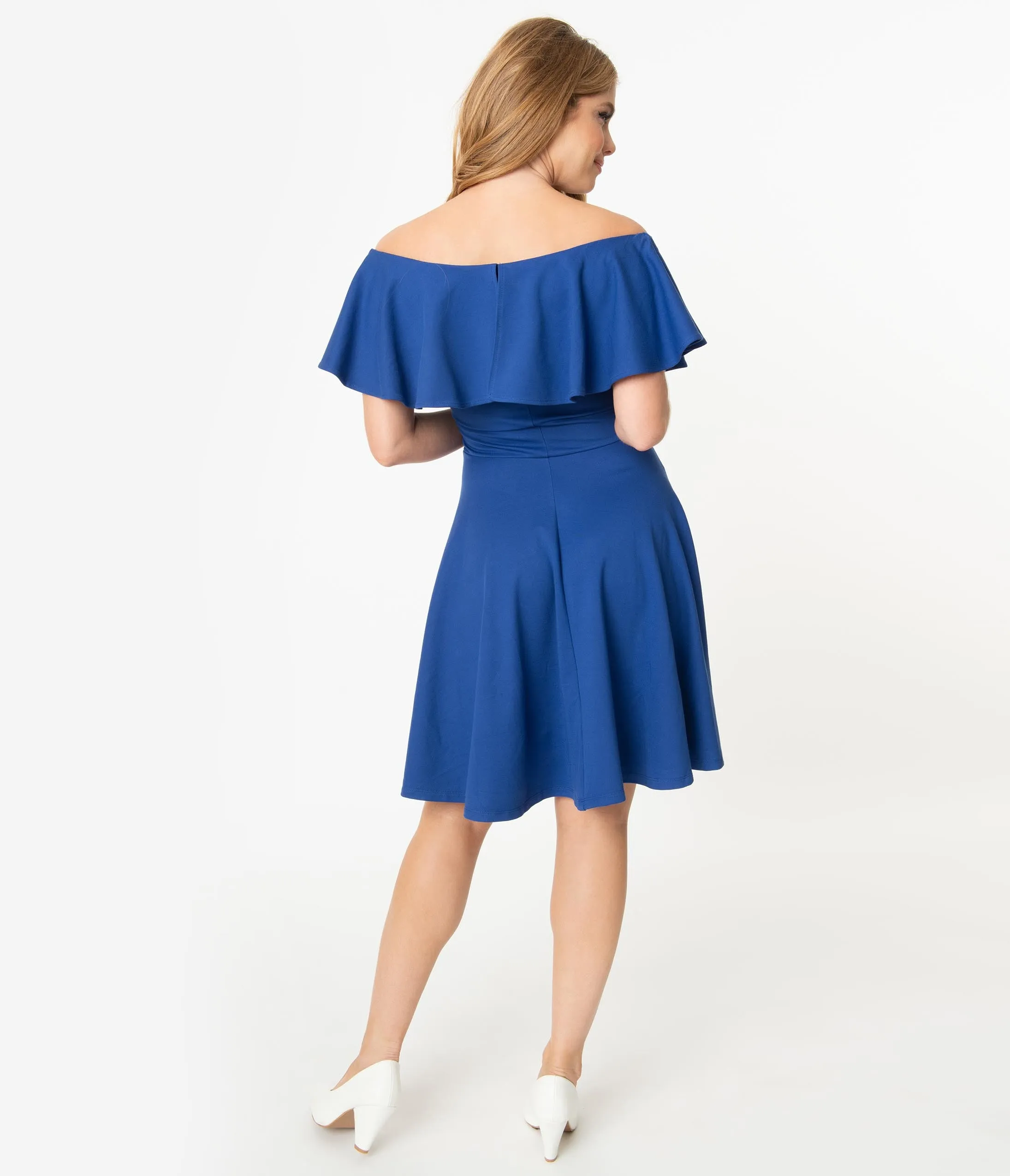 Unique Vintage Royal Blue Off Shoulder Ruffle Gidget Fit & Flare Dress