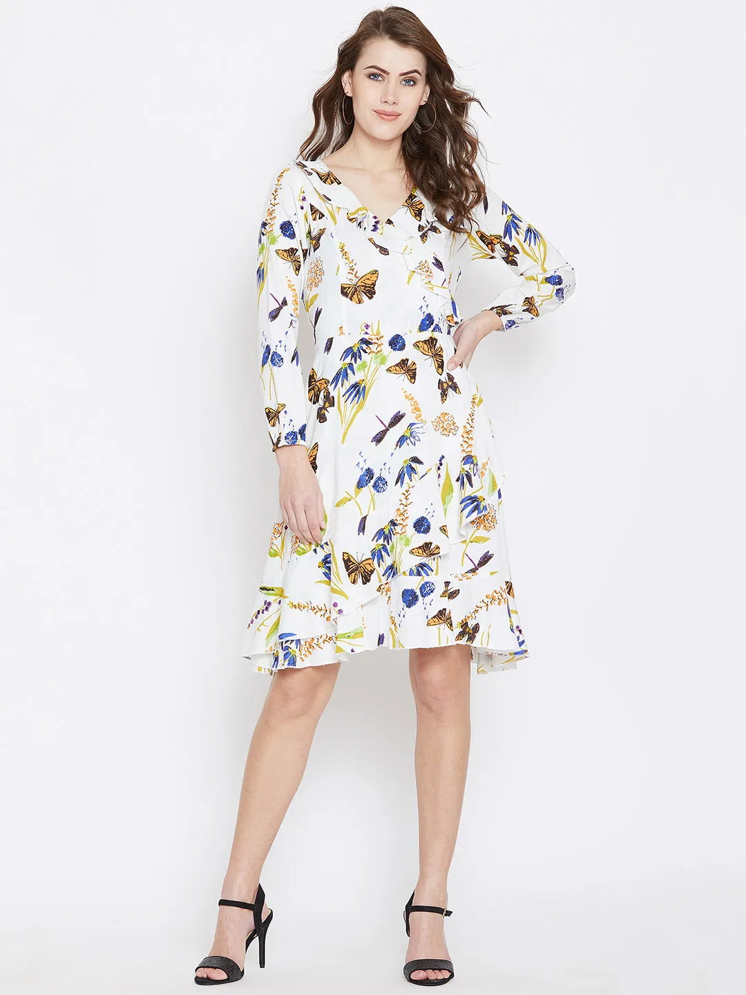 White Printed Fit and Flare Dress